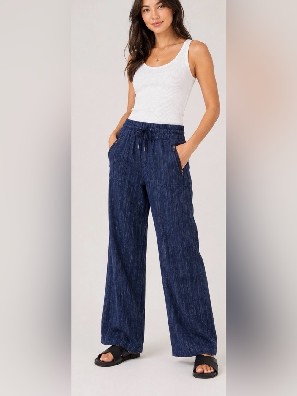 Athleta Cabo Linen Wide Leg Pants Women's Size 4 Blue Drawstring Casual Beach